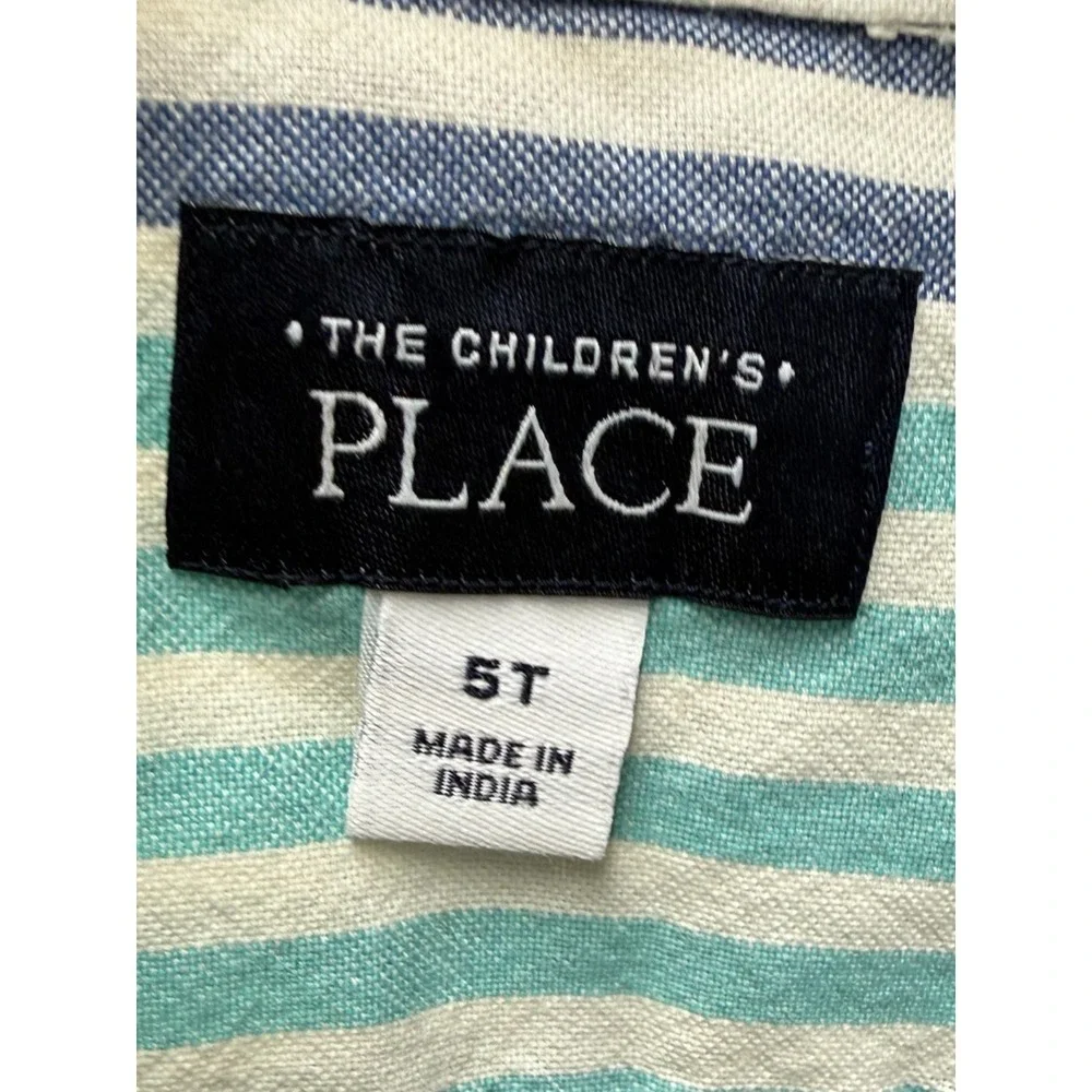 The Childrens Place Boys 5T Short Sleeve Striped Button Down Shirt Blue Teal